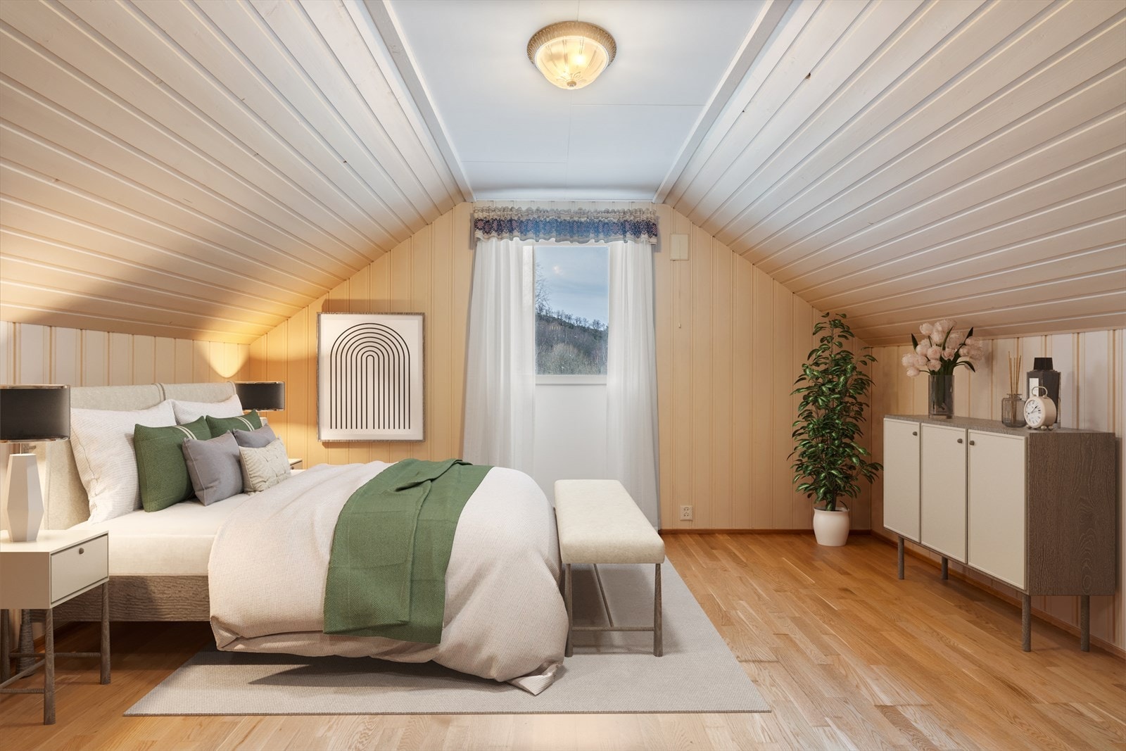 Loftsrom digitalt møblert som soverom Galleribilde