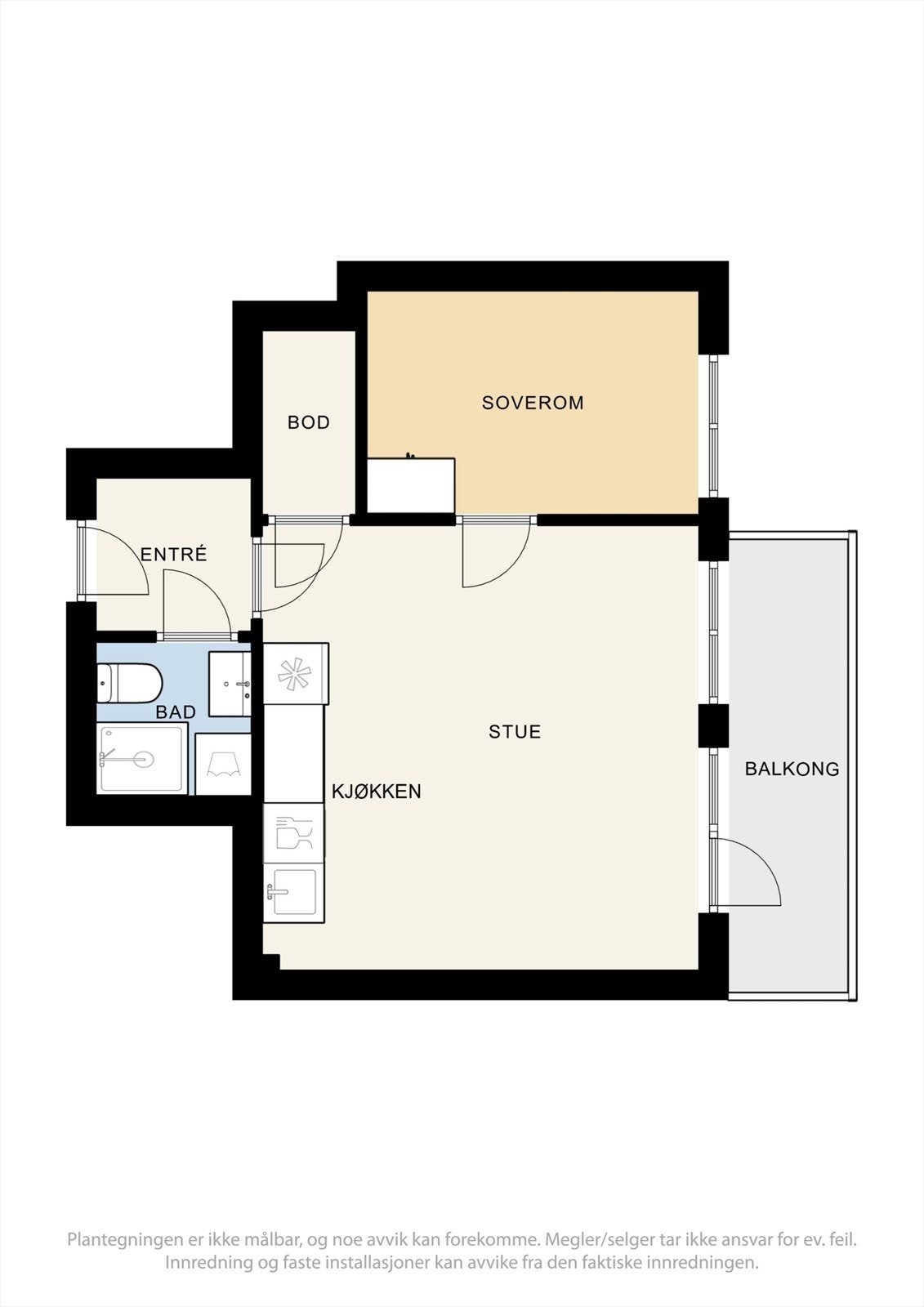 Plantegning - Leiligheten har en effektiv planløsning der boligens 34 kvm er meget godt utnyttet. Galleribilde