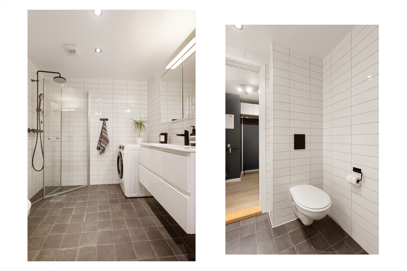 Baderomsinnredningen har servant med skuffer, speilskap med belysning, veggmonterte dusjdører i glass, veggmontert klosett og opplegg til vaskemaskin. Galleribilde