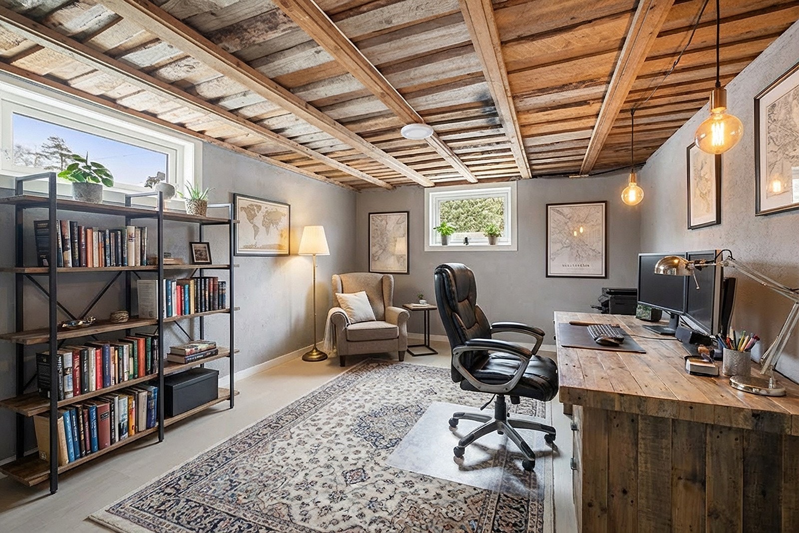 Hobbyrom i kjeller innredet som kontor. ((Digitalmøblert)) Galleribilde