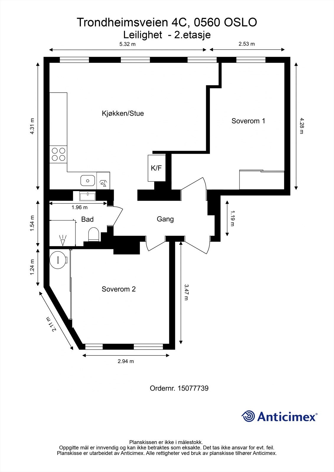 Plantegningen viser en arealeffektiv planløsning med to soverom og åpen stue-kjøkkenløsning. Galleribilde
