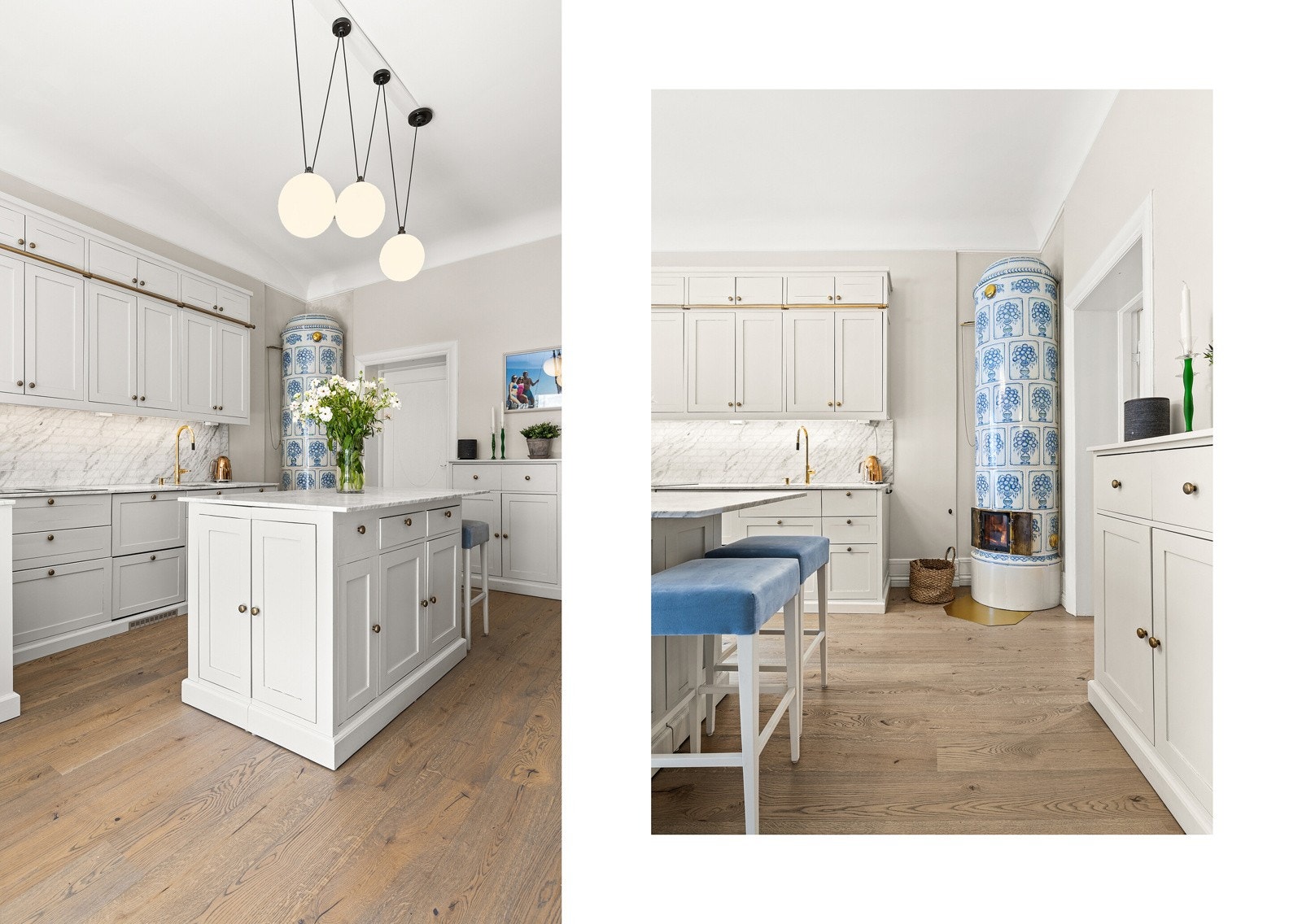 Kjøkkenet er håndlaget i malt Mahogny med profilerte fronter, marmor benkeplate, planlimt oppvaskkum, uttrekkskran, fliser og integrerte hvitevarer. Galleribilde