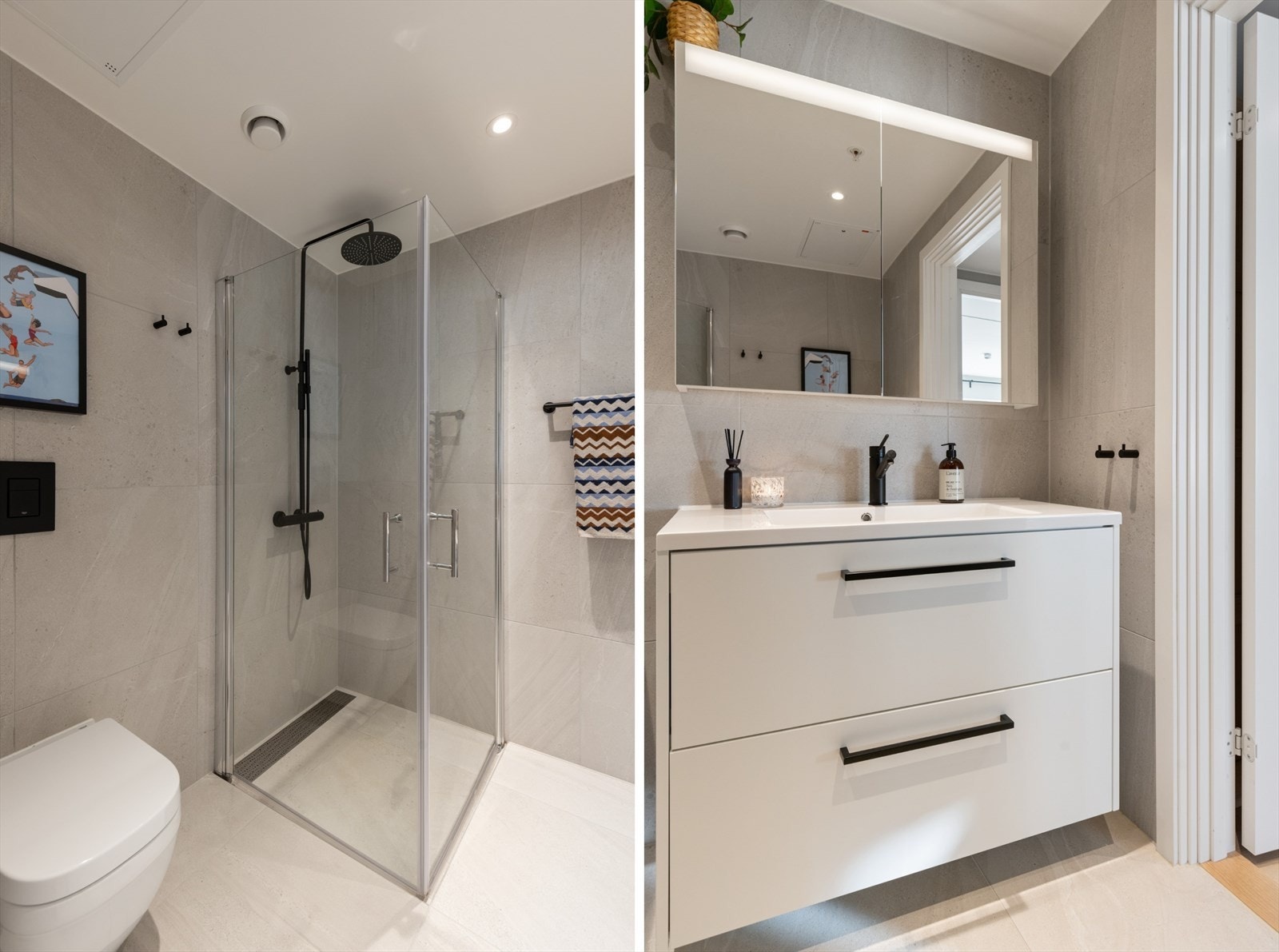 Baderomsinnredning med heldekkende servant og speilskap med integrert belysning. Galleribilde