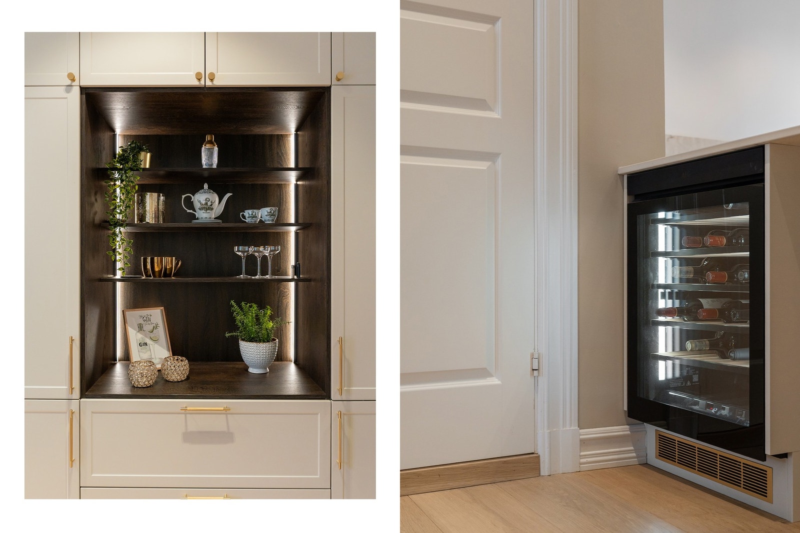 Videre er det en flott veggnisje med mørk innredning og integrert belysning. Galleribilde