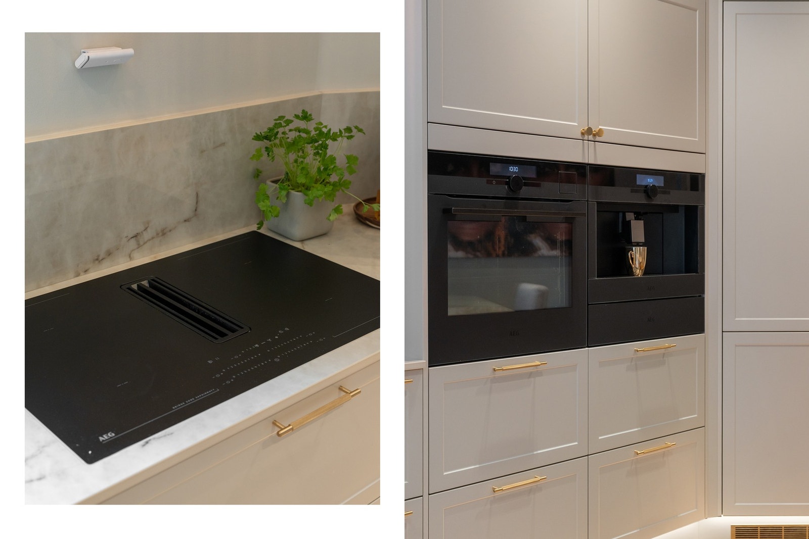 Av integrerte hvitevarer medfølger induksjonstopp, stekeovn, innebygd kaffemaskin, to kjøleskap (hvorav ett med fryser), vinskap, samt oppvaskmaskin. Det medfølger også integrert vaskemaskin og tørketrommel (kombi-maskin). Galleribilde