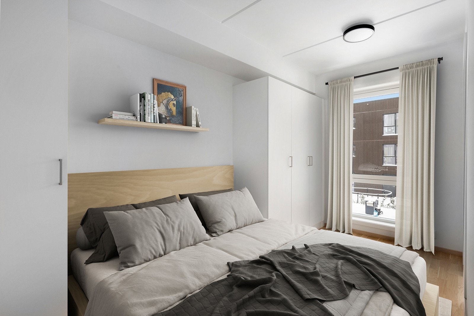 Soverom med plass til dobbeltseng og garderobeløsning. Bilde er digital møblert. Galleribilde