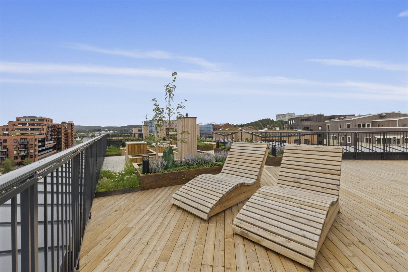 Takterrassen har flere sittegrupper og pent beplantet Galleribilde