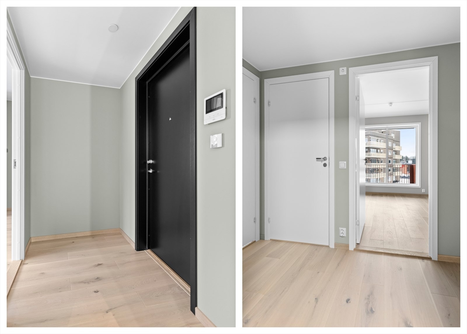 Lys entré som gir deg et moderne førsteinntrykk av boligen. Her har du god plass til oppbevaring av ulike klesartikler. Det er montert dørcalling ved inngangsdør Galleribilde