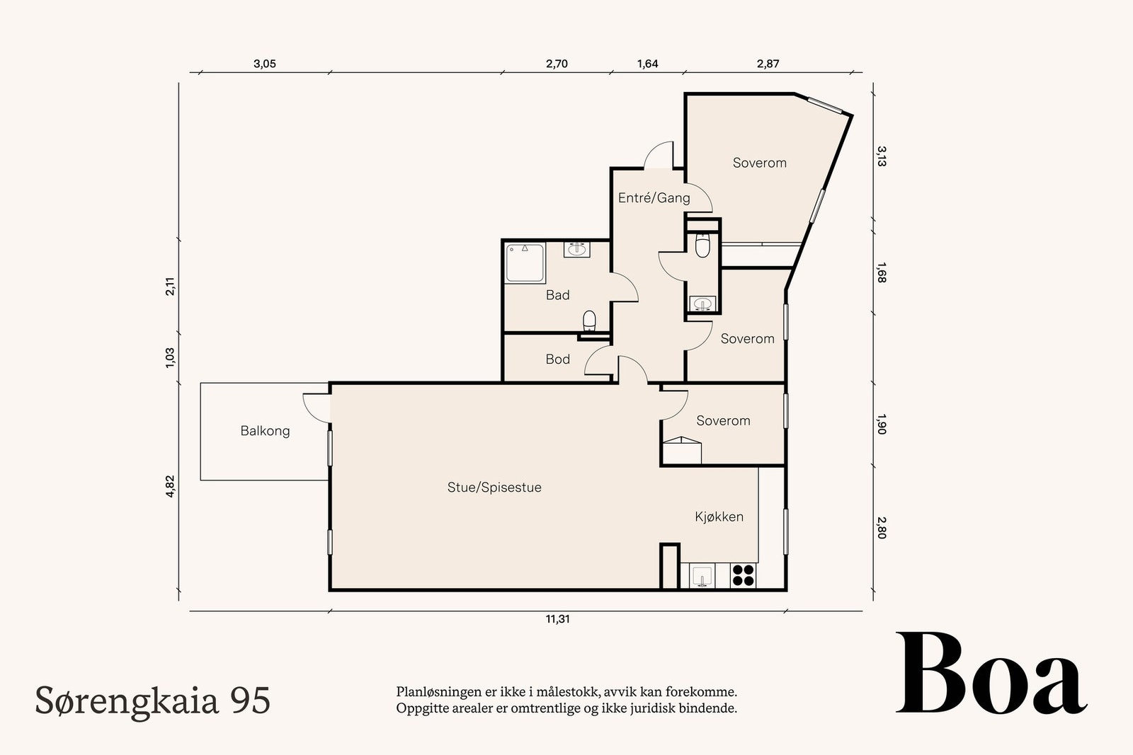 Romhøyde i stue/spisestue er 2,62 m. Fra stuen er det utgang til balkong på ca 7 m². Det medfølger:
- 1 kjellerbod på ca 5 m² Galleribilde