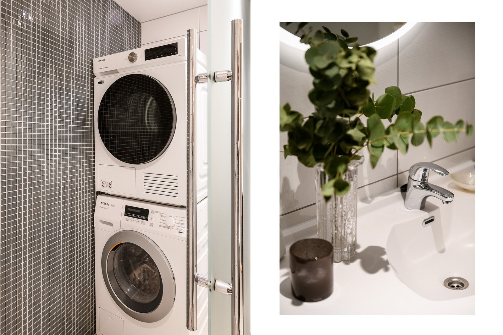 God plass med dusjvegger, moderne innredning og opplegg for vaskemaskin og tørketrommel. Galleribilde