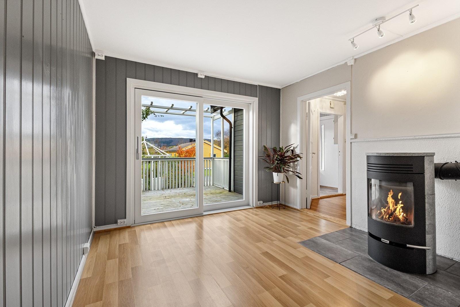 Det er hev/skyvedør mellom stue og terrasse. Galleribilde