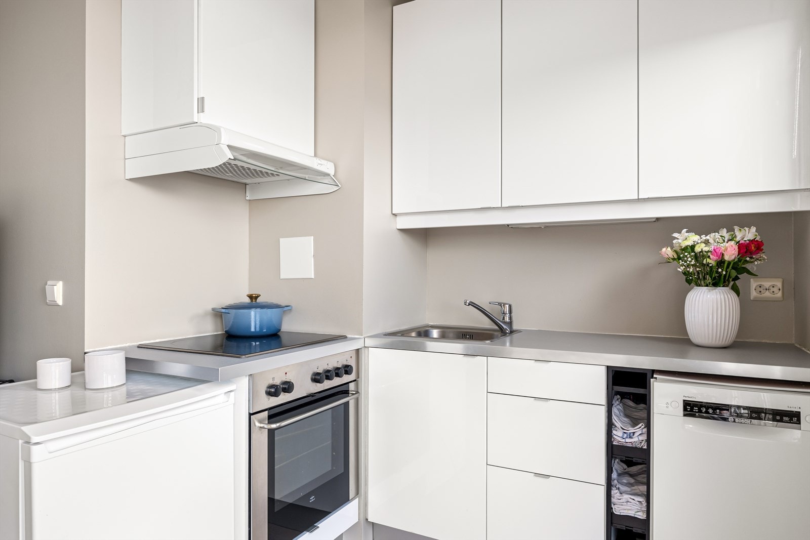 Funksjonelt kjøkken med integrert stekeovn og opplegg for oppvaskmaskin Galleribilde