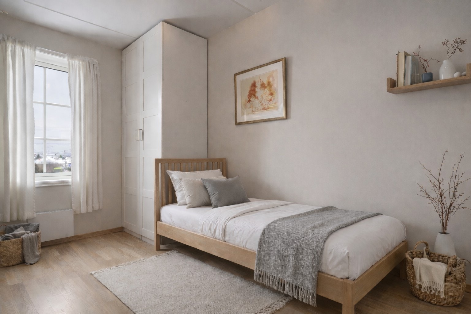 Soverom nr. 3 har garderobeskap og har lysmalte vegger og himling. (Digitalt møblert bilde) Galleribilde