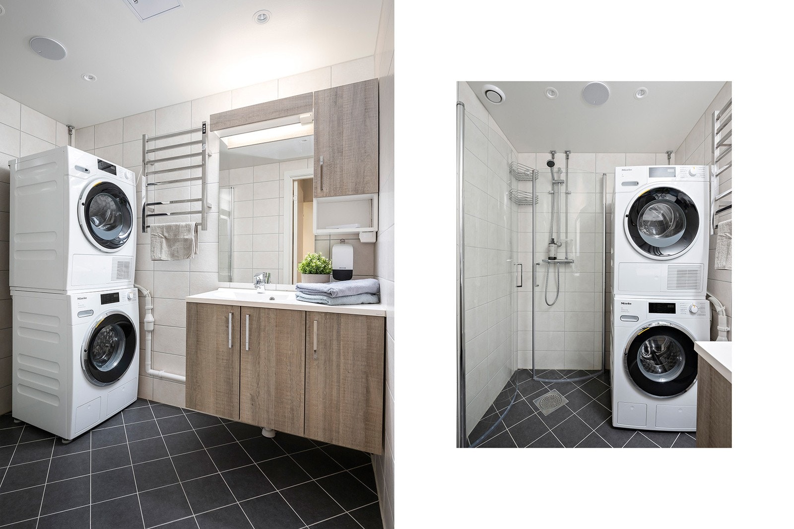 Flislagt bad med med opplegg til vaskemaskin og pratisk inn- utslående dusjvegger. Galleribilde