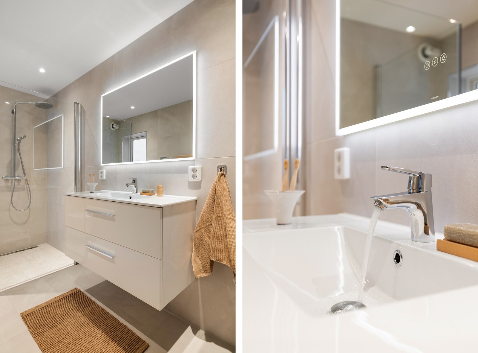 Baderommet er helfliset og inneholder dusj med glassdører fra Hansgrohe, vegghengt toalett fra Duravit, baderomsinnredning, speil fra Vikingbad og blandebatteri fra Hansgrobe. Galleribilde