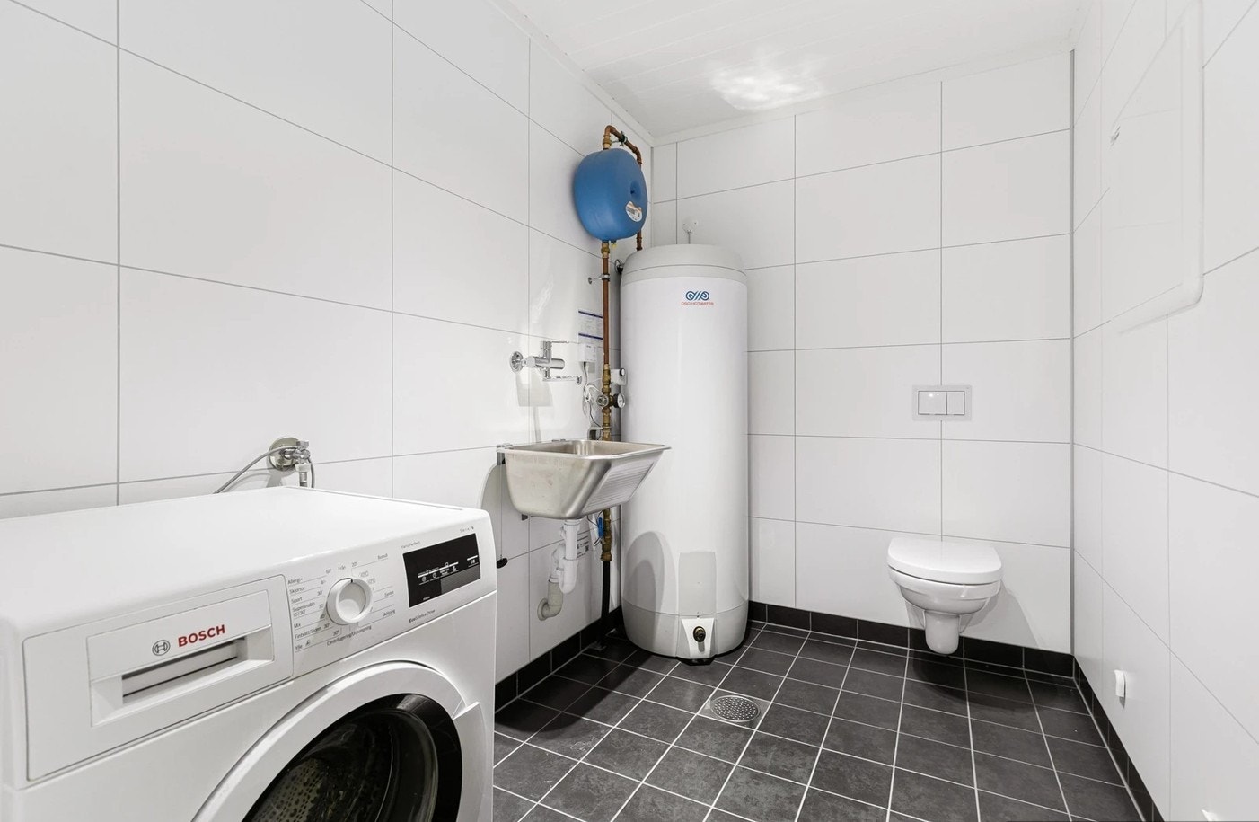 Praktisk vaskerom i 1. etasjen med flislagt gulv og toalett. Galleribilde