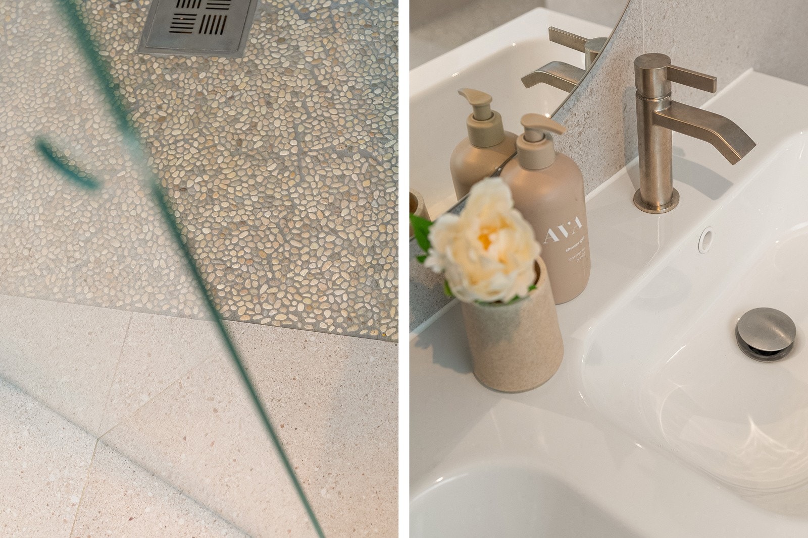 Baderom 2: Baderommene har dekorativ rullestein på gulv i dusjsonen. Galleribilde