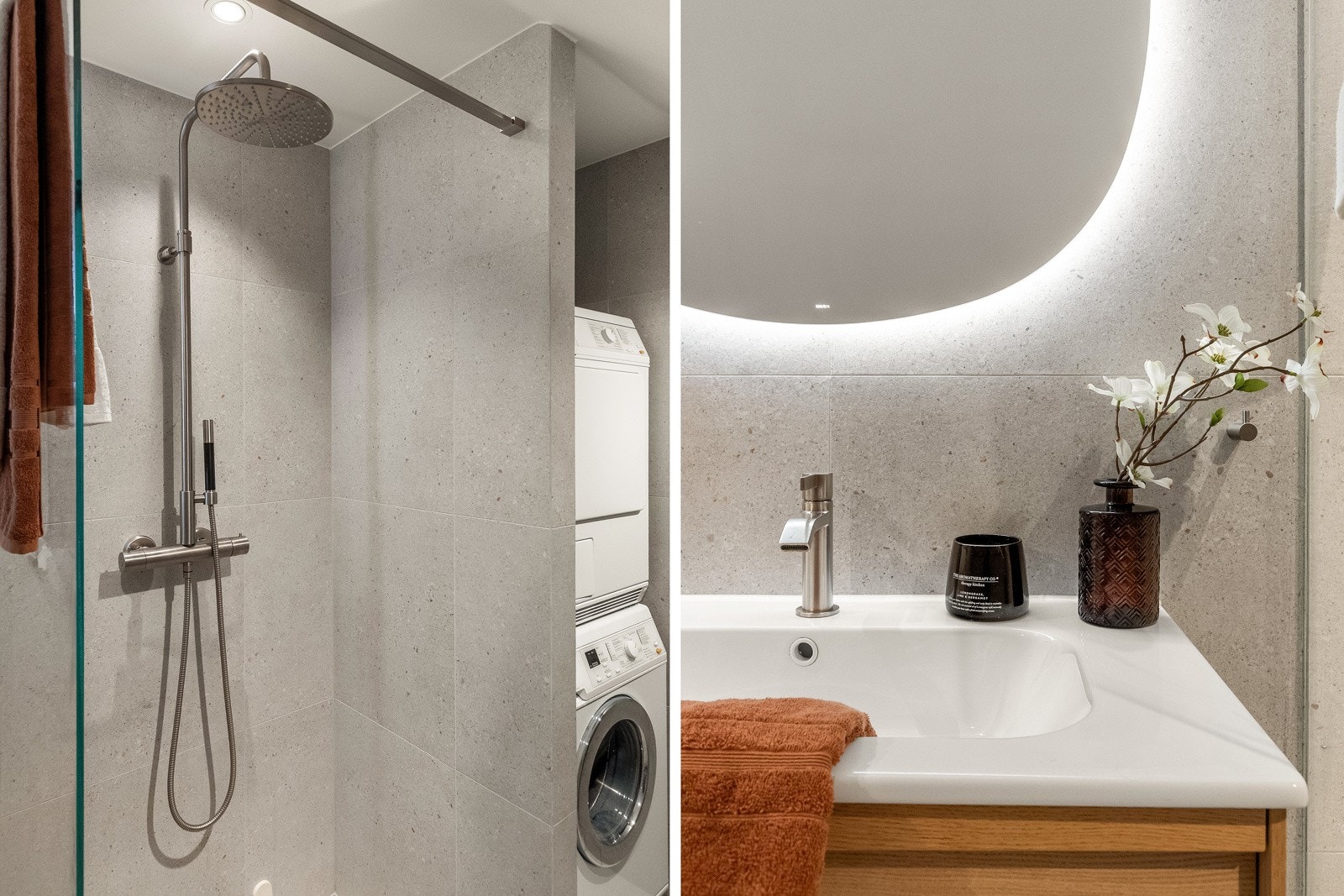 Baderommet har termostatstyrte varmekabler i gulv, samt en praktisk nisje med opplegg for både vaskemaskin og tørketrommel. Galleribilde