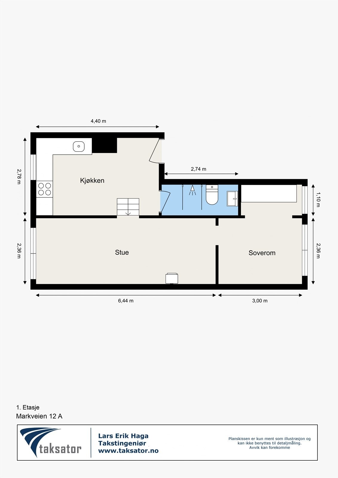 Leiligheten består av kjøkken, stue, bad og soverom. Galleribilde