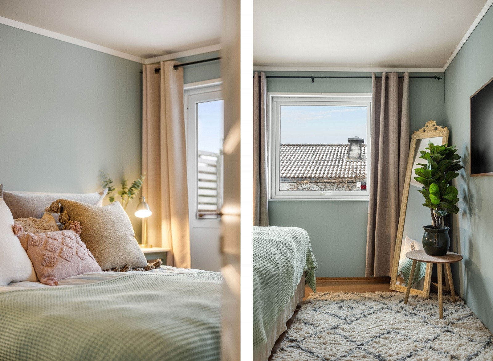 Rommet er malt i rolige, tidløse farger og har god plass til dobbeltseng, speil og andre møbler Galleribilde