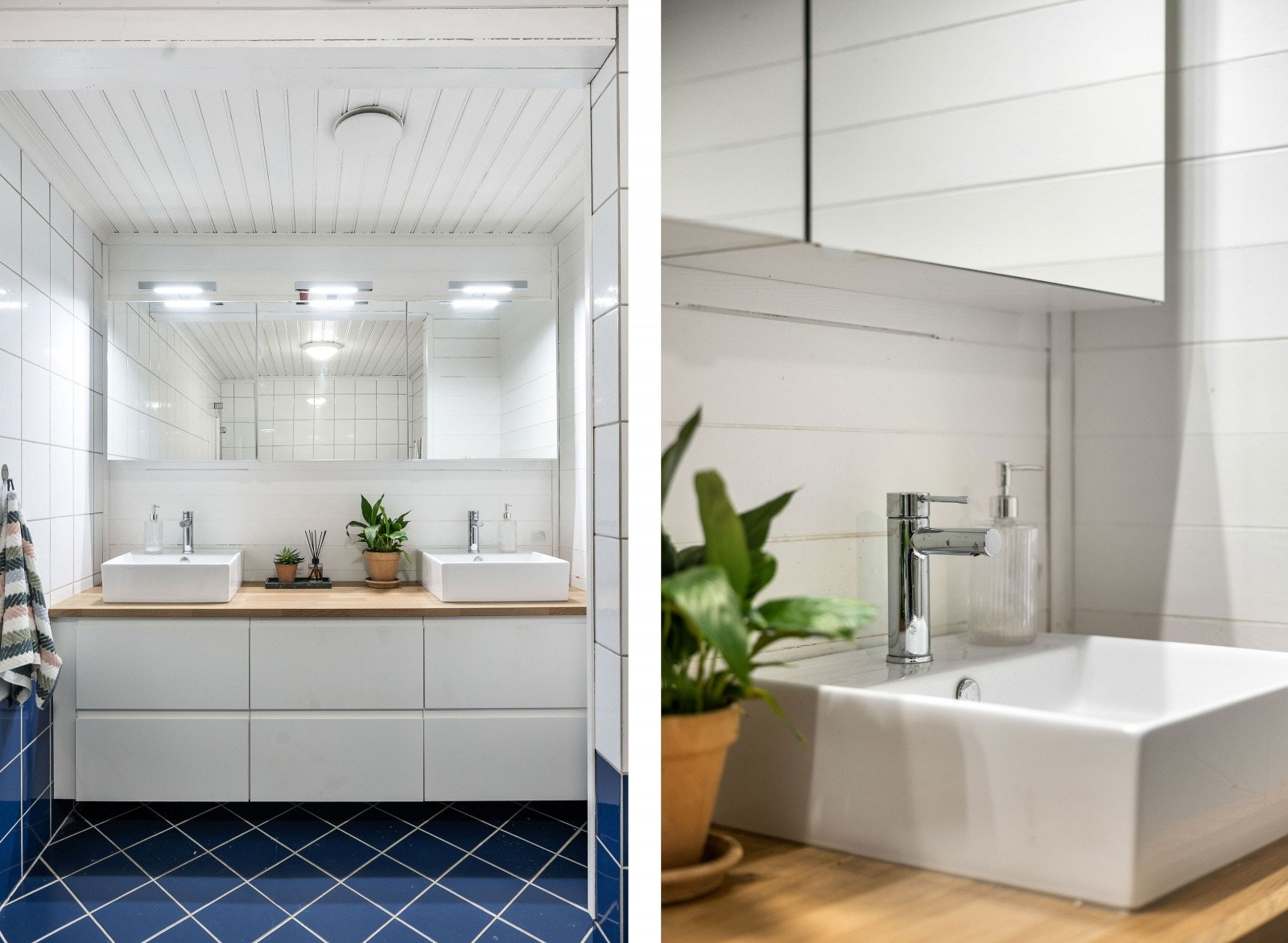 Bad/wc med fliser på gulv og vegger og panel i himling. Badet er utstyrt med servant med furuinnredning, wc og badekar Galleribilde