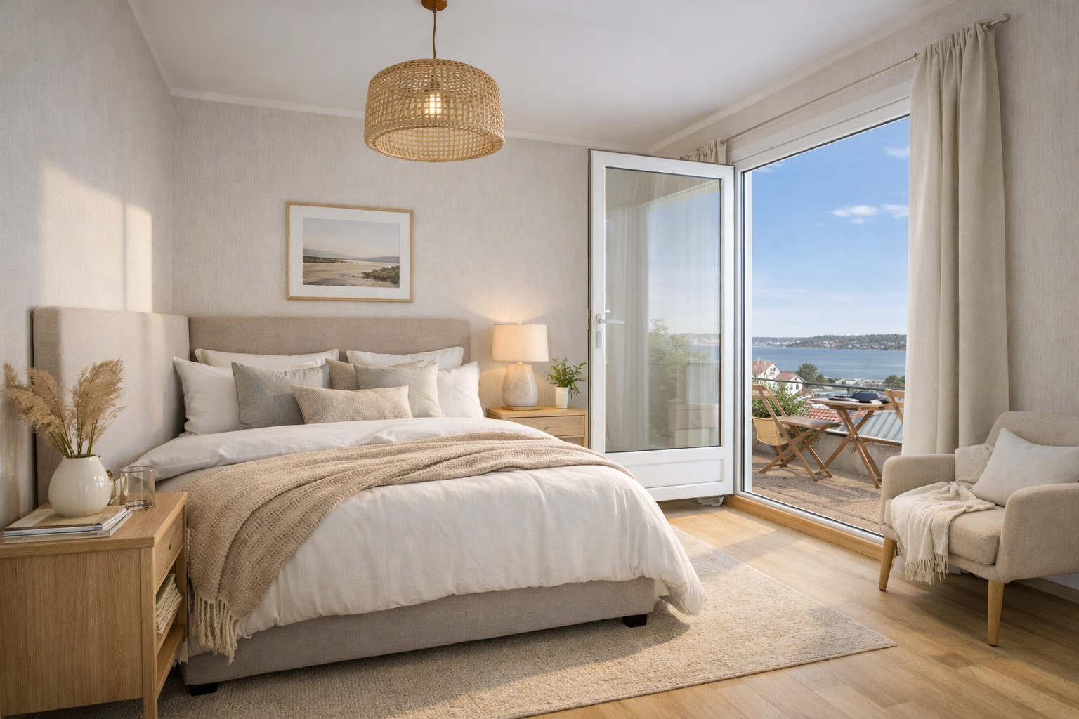 AI-generert bilde av soverom, rotert i forhold til det opprinnelige bildet Galleribilde