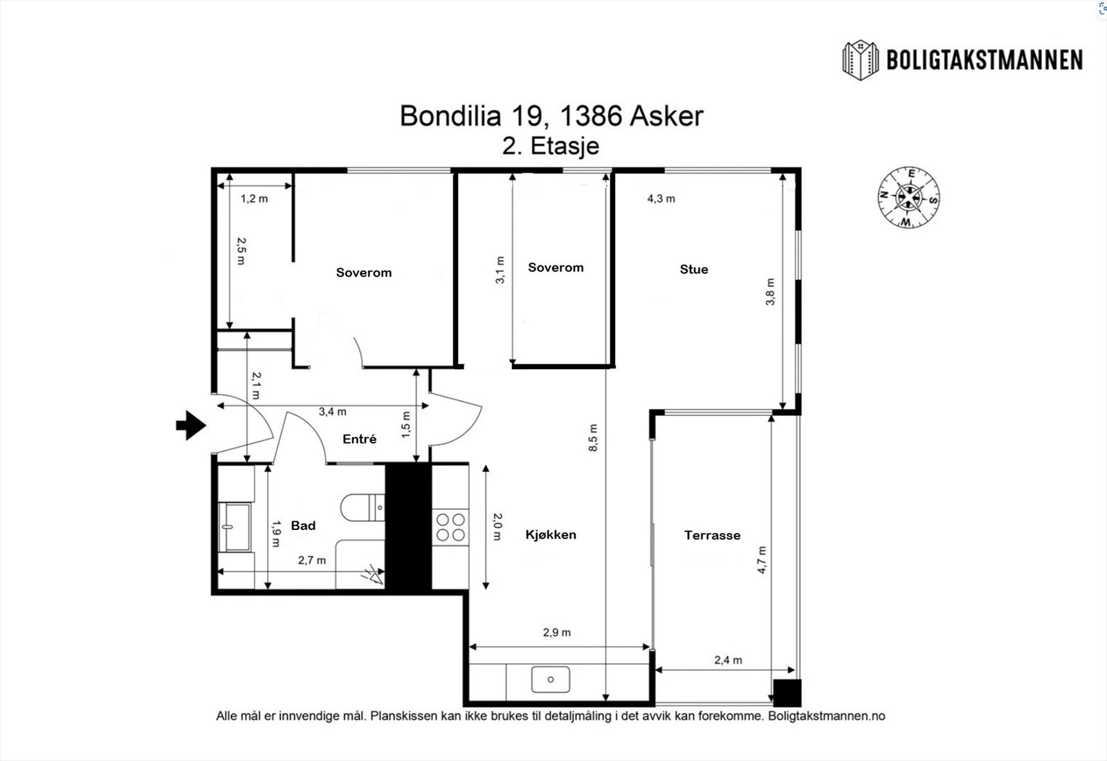 Alternativ planskisse 2. Leiligheten har flere muligheter for å etablere 3-roms løsning. Galleribilde