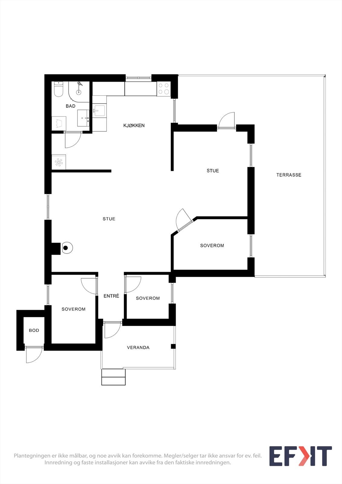 Plantegningen illustrerer en arealeffektiv hytte med tre soverom, bad og et stort, åpent stue- og kjøkkenområde. Galleribilde