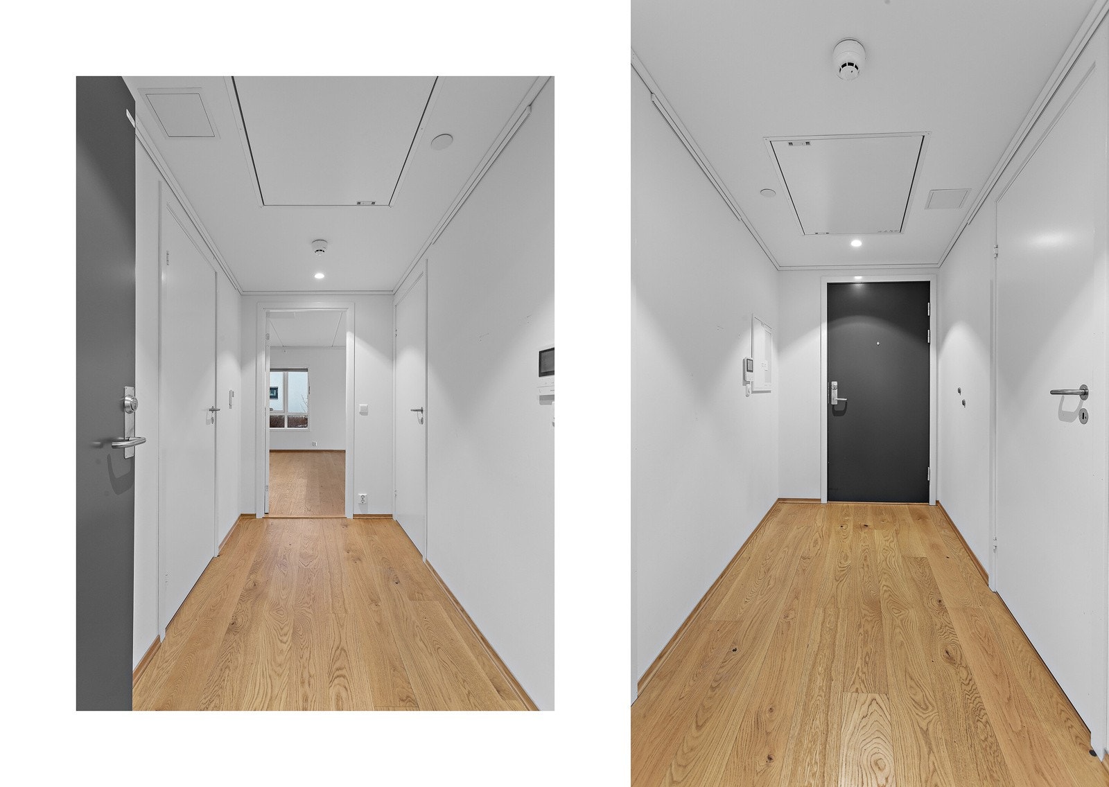 Lys og langstrakt entré med plass til oppheng av ytterjakken og lagring av sko. Galleribilde