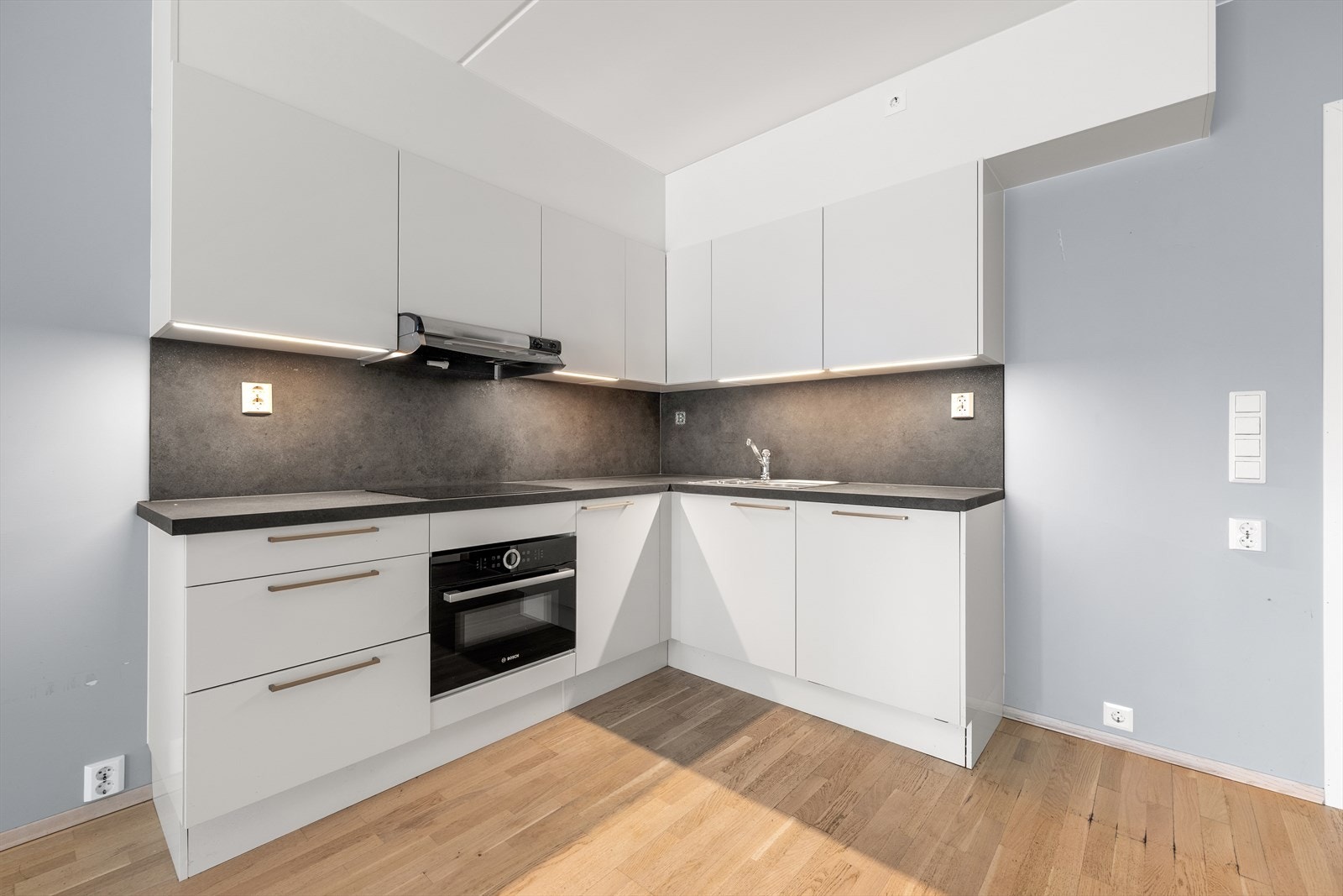 Praktisk kjøkken med integrerte hvitevarer og god arbeidsbelysning. Galleribilde