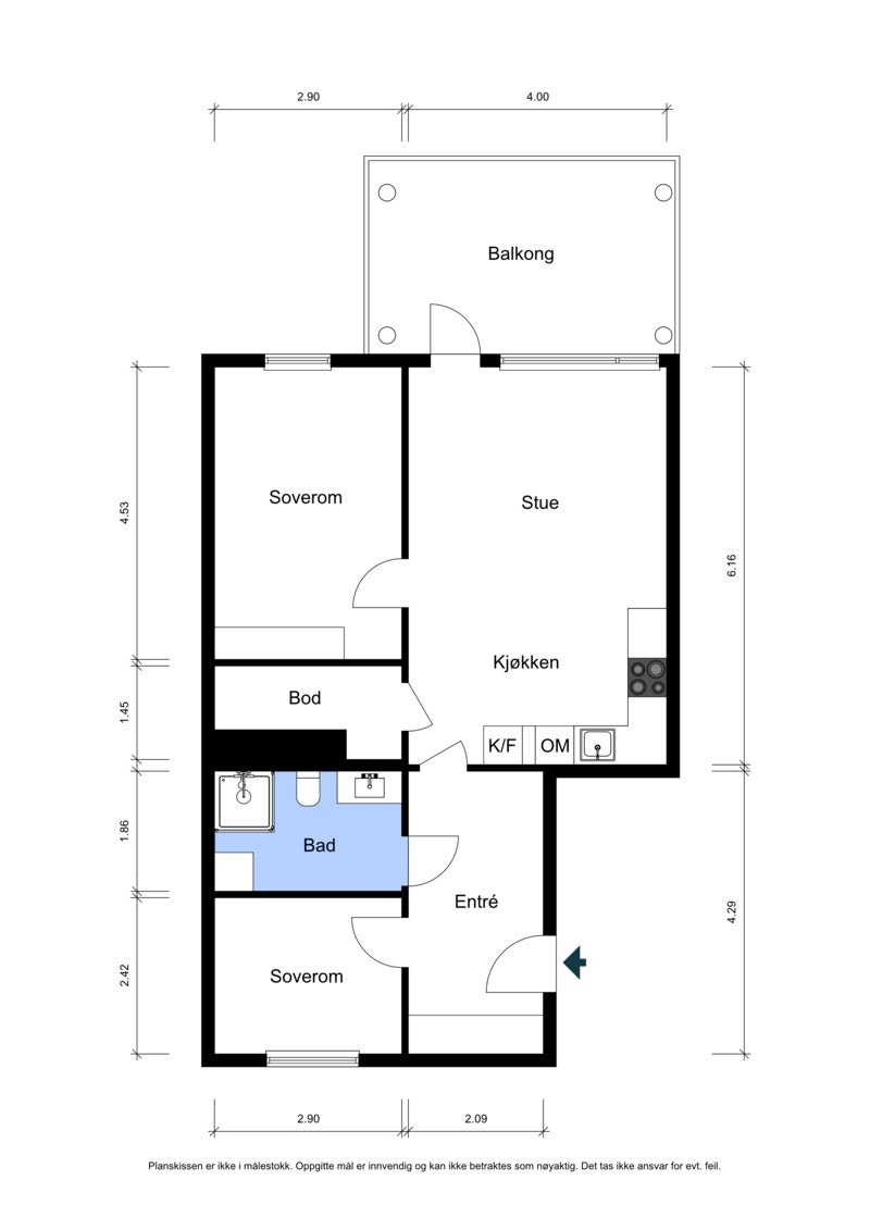 Arealeffektiv planløsning med åpen stue/kjøkken-løsning, to soverom og stor balkong. Galleribilde