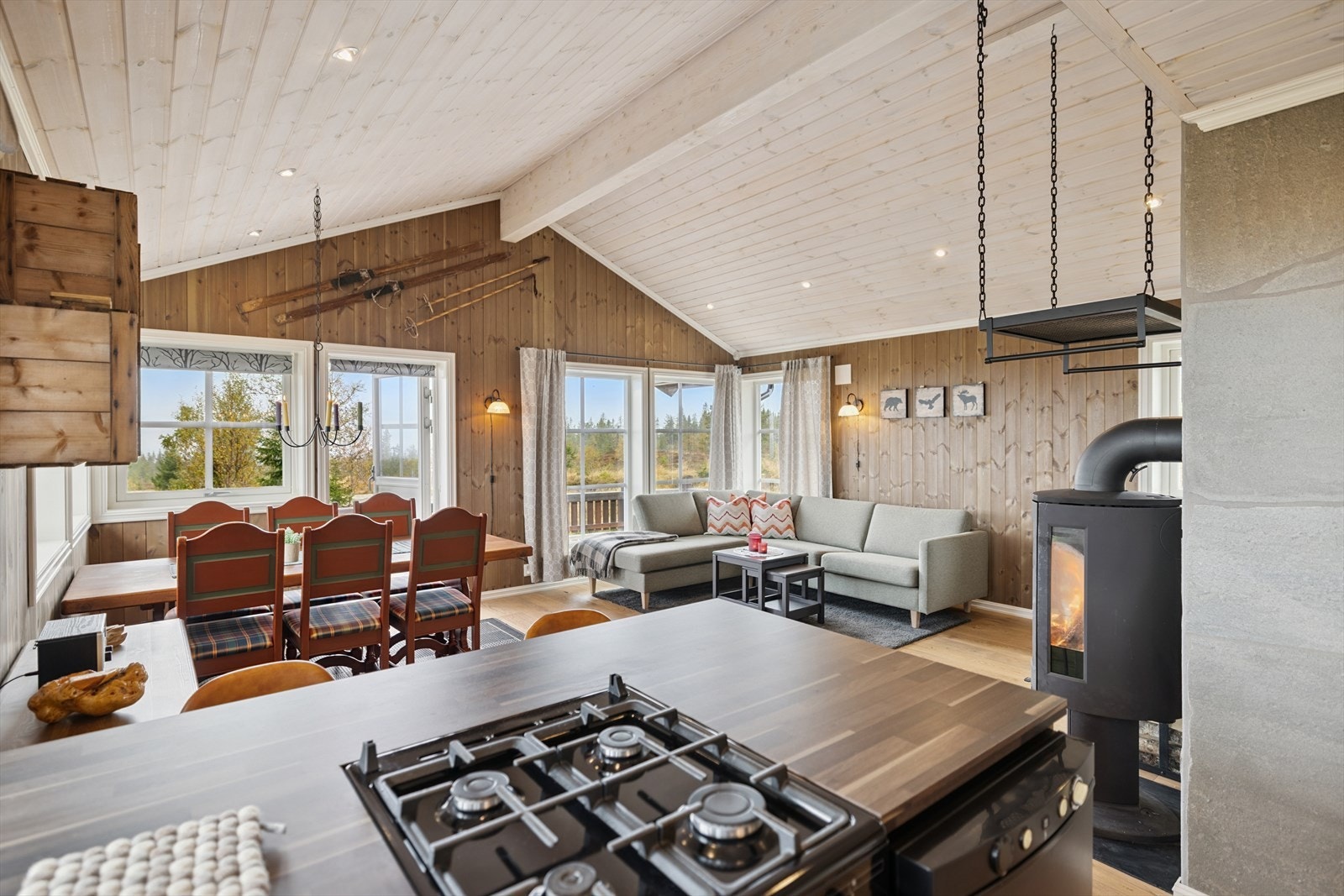 Stue og kjøkken. Høy skråhimling gir et luftig og åpent rom Galleribilde