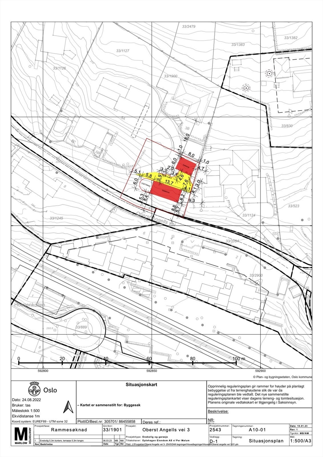 Situasjonsplan. Tegninger innsendt i opprinnelig rammesøknad til Plan og Bygg. Forslaget er under behandling og foreløbig ikke godkjent Galleribilde