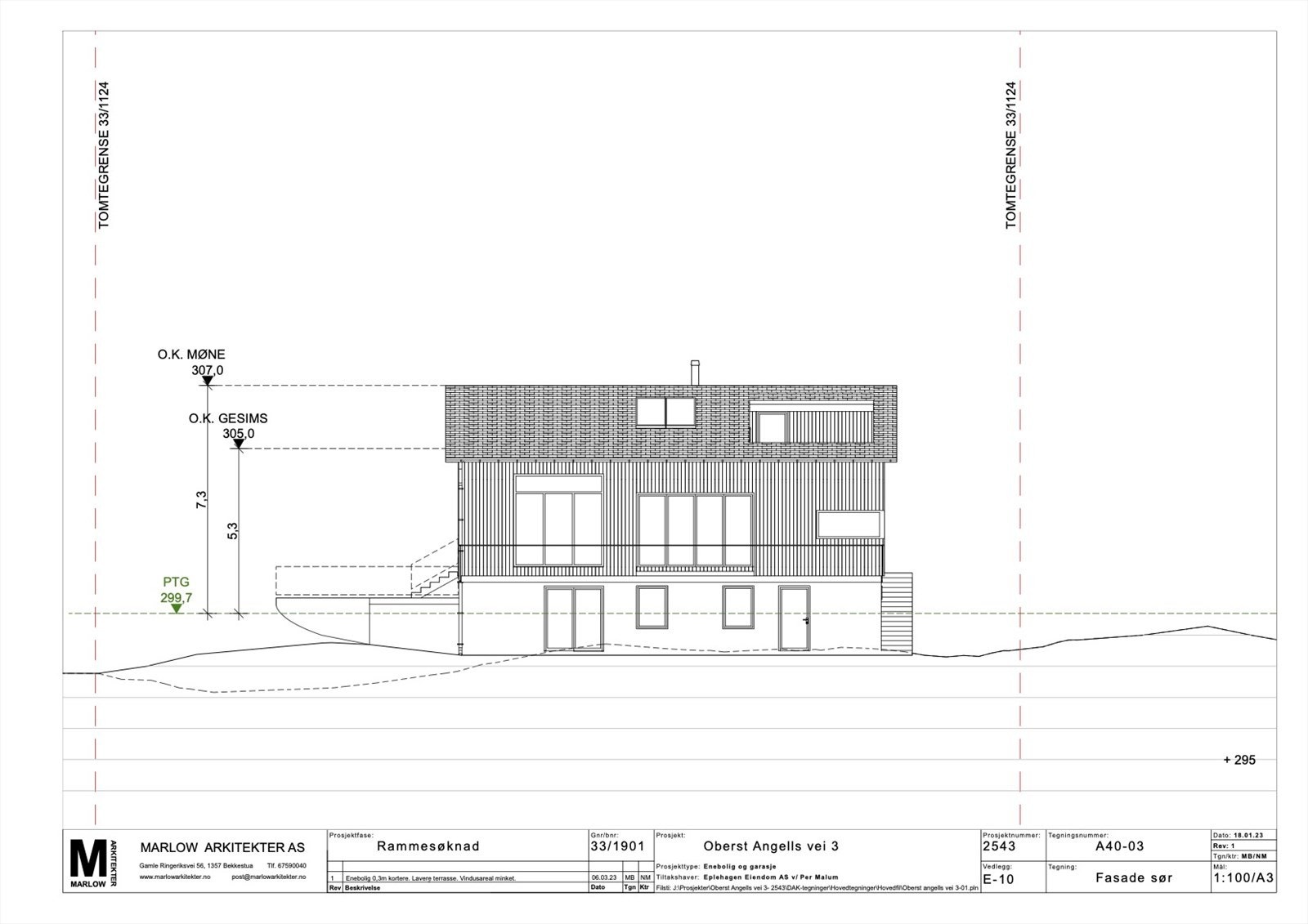 Fasade-sør. Tegninger innsendt i opprinnelig rammesøknad til Plan og Bygg. Forslaget er under behandling og foreløbig ikke godkjent Galleribilde