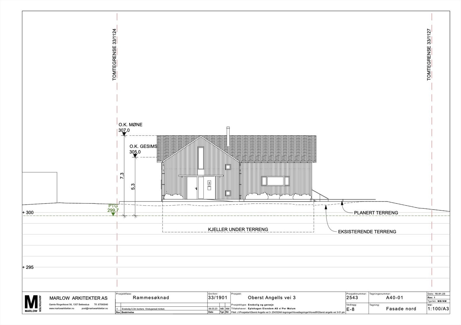 Fasade-nord. Tegninger innsendt i opprinnelig rammesøknad til Plan og Bygg. Forslaget er under behandling og foreløbig ikke godkjent Galleribilde