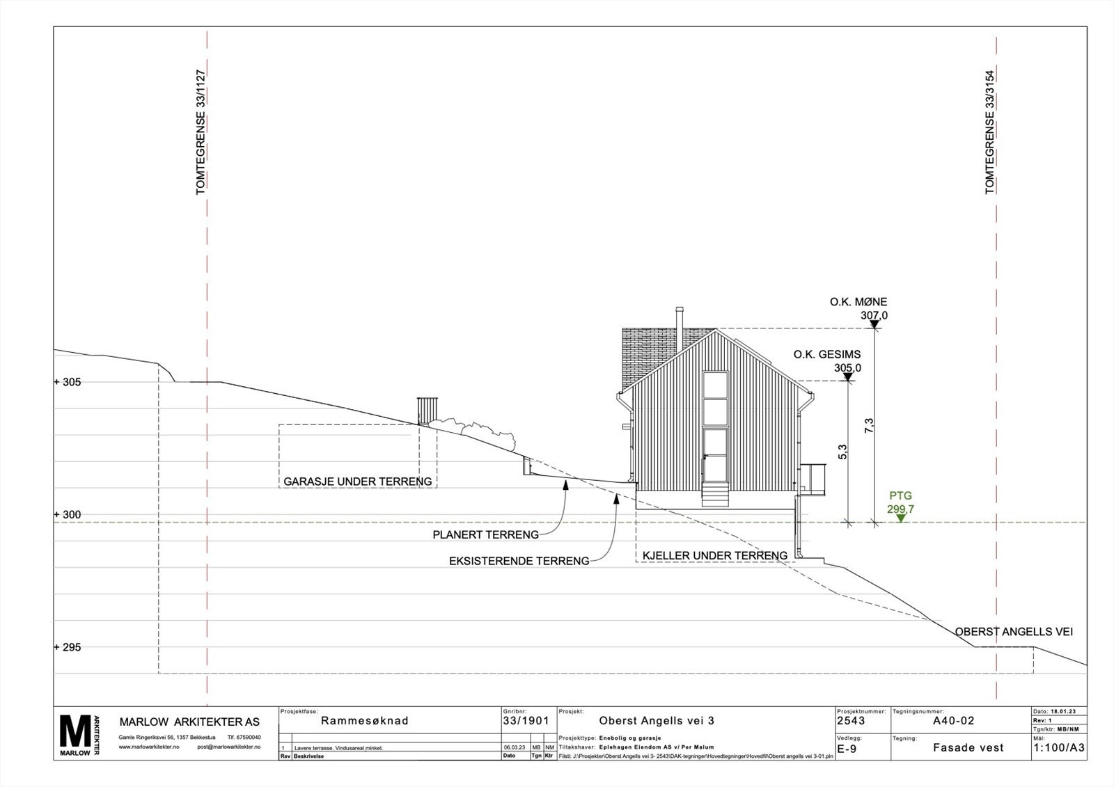 Fasade-vest. Tegninger innsendt i opprinnelig rammesøknad til Plan og Bygg. Forslaget er under behandling og foreløbig ikke godkjent Galleribilde