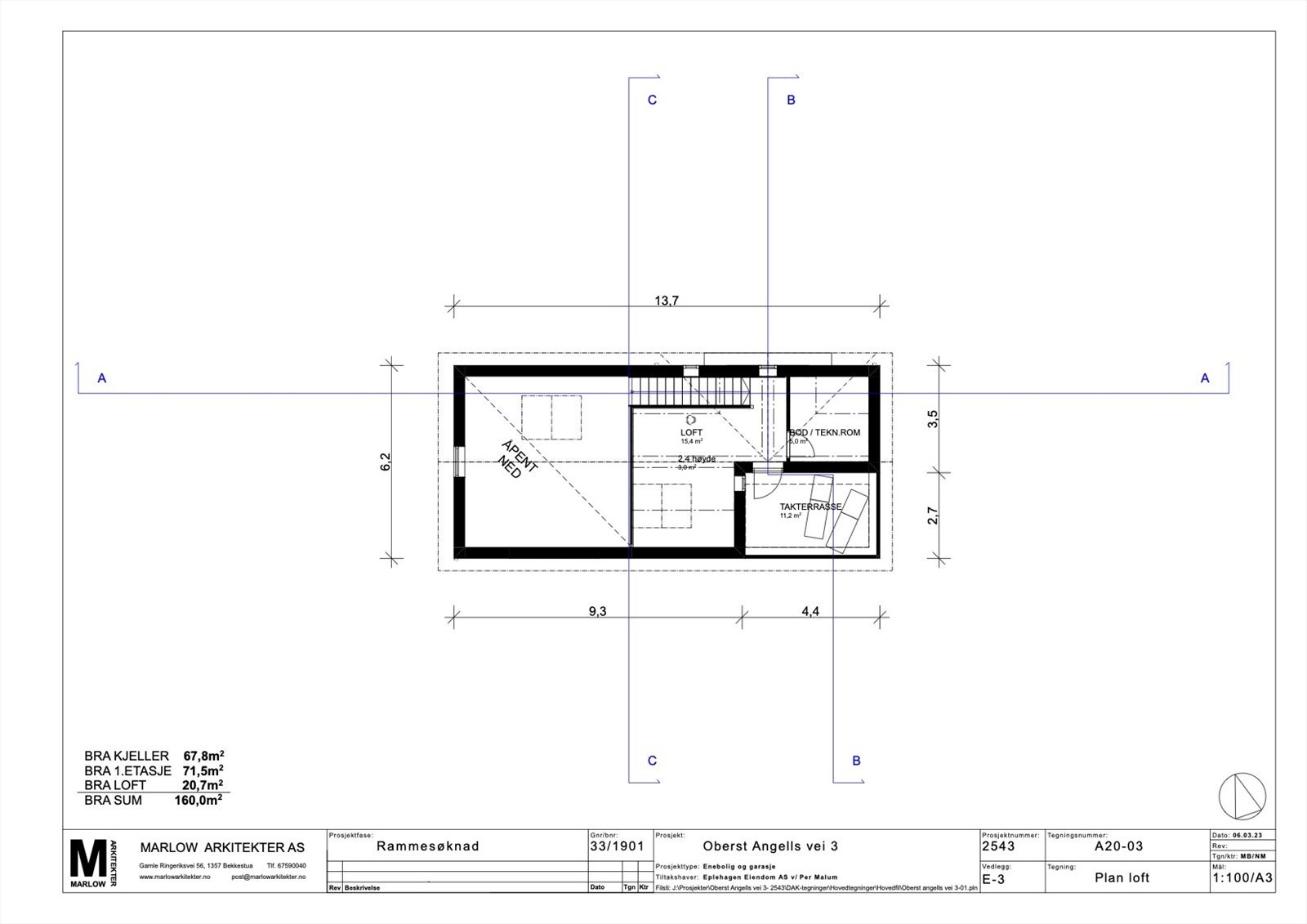 Plan-loft. Tegninger innsendt i opprinnelig rammesøknad til Plan og Bygg. Forslaget er under behandling og foreløbig ikke godkjent Galleribilde