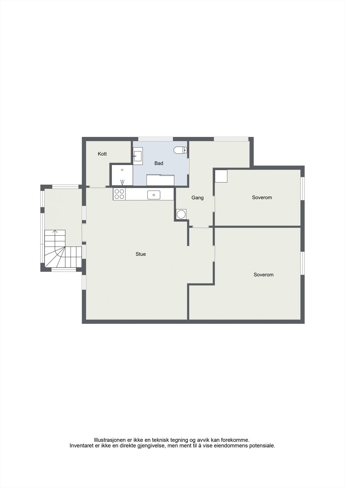 Loftsetasjen er innredet med stue/kjøkken, to soverom og bad. Galleribilde