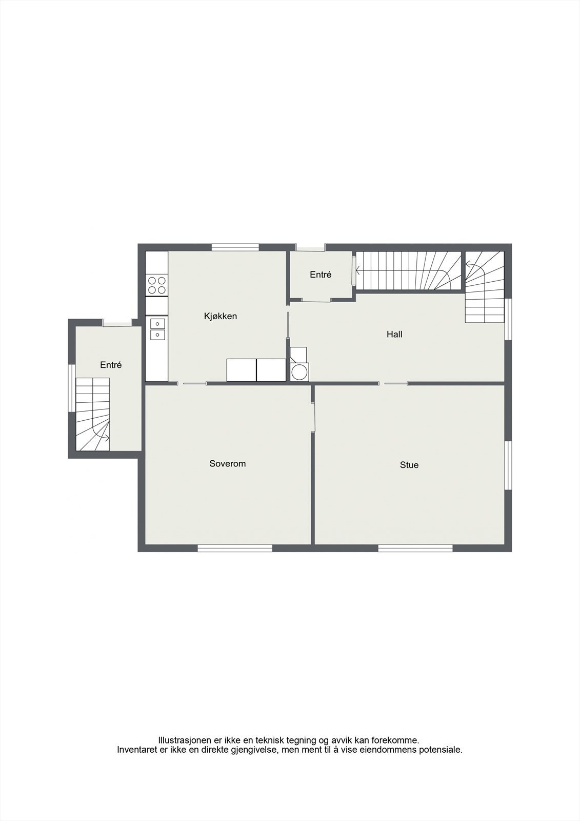 Hovedetasjen har en praktisk planløsning med stue, kjøkken, soverom og entré. Galleribilde