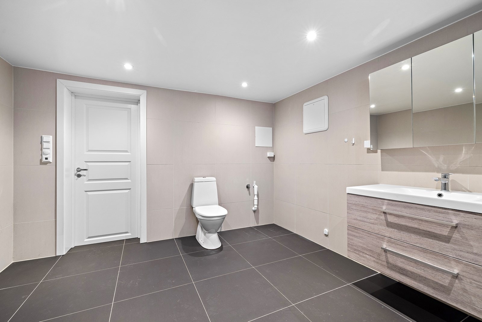 Stort, flislagt bad i kjelleren med moderne innredning. Galleribilde