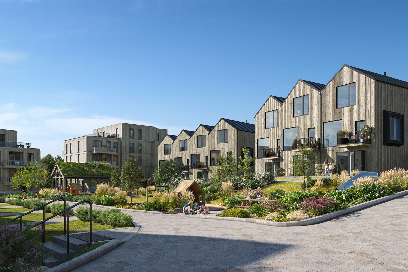 Boligene bygges rundt et flott felles tun med lekeplass, grøntområder m.m. Illustrasjon fra stuen. Det gjøres oppmerksom på at illustrasjoner kun ment for å danne et inntrykk og vil avvike fra endelig leveranse. Galleribilde