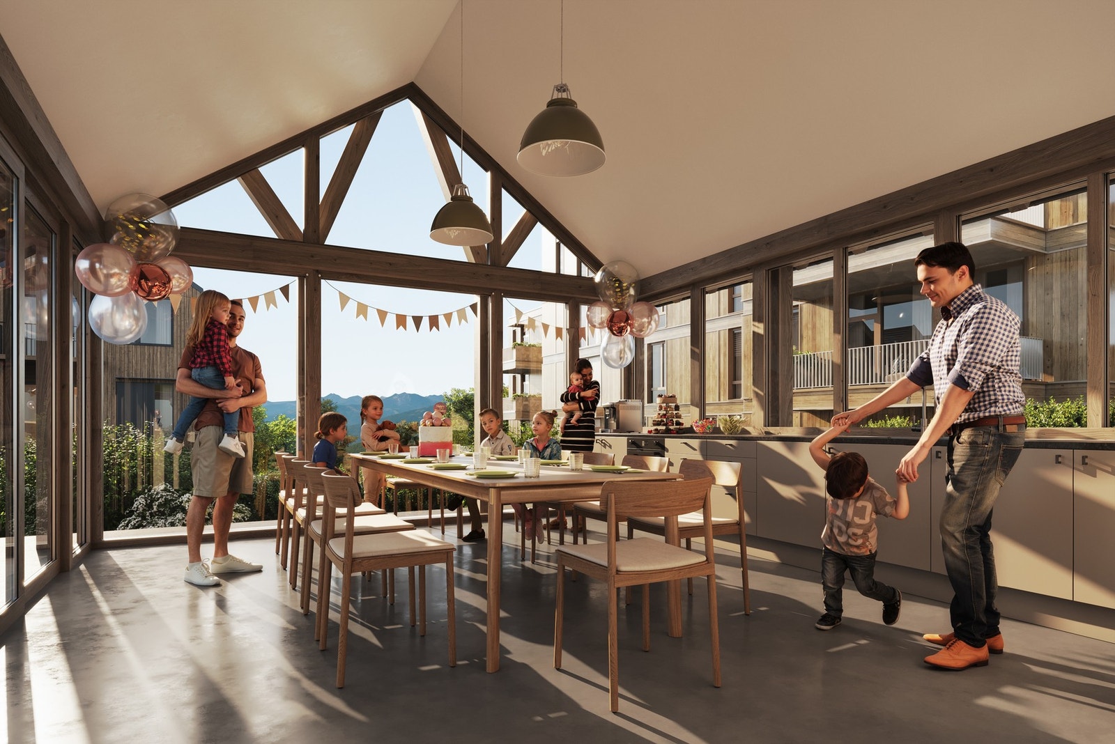 Illustrasjon felleshus. Illustrasjon fra stuen. Det gjøres oppmerksom på at illustrasjoner kun ment for å danne et inntrykk og vil avvike fra endelig leveranse. Galleribilde