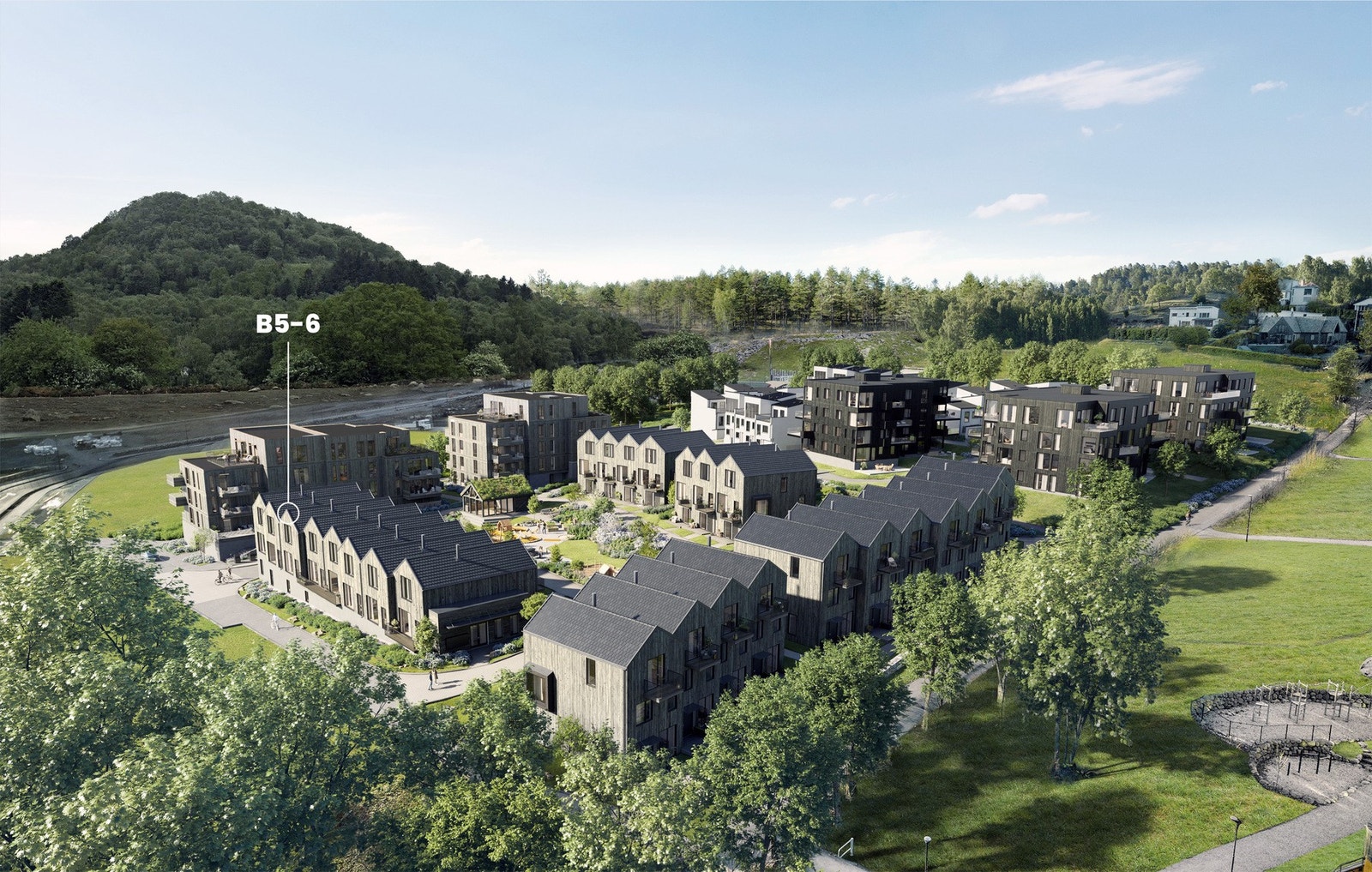 Her bor du i et nytt boligområde, like ved Hinna Park. Illustrasjon fra stuen. Det gjøres oppmerksom på at illustrasjoner kun ment for å danne et inntrykk og vil avvike fra endelig leveranse. Galleribilde