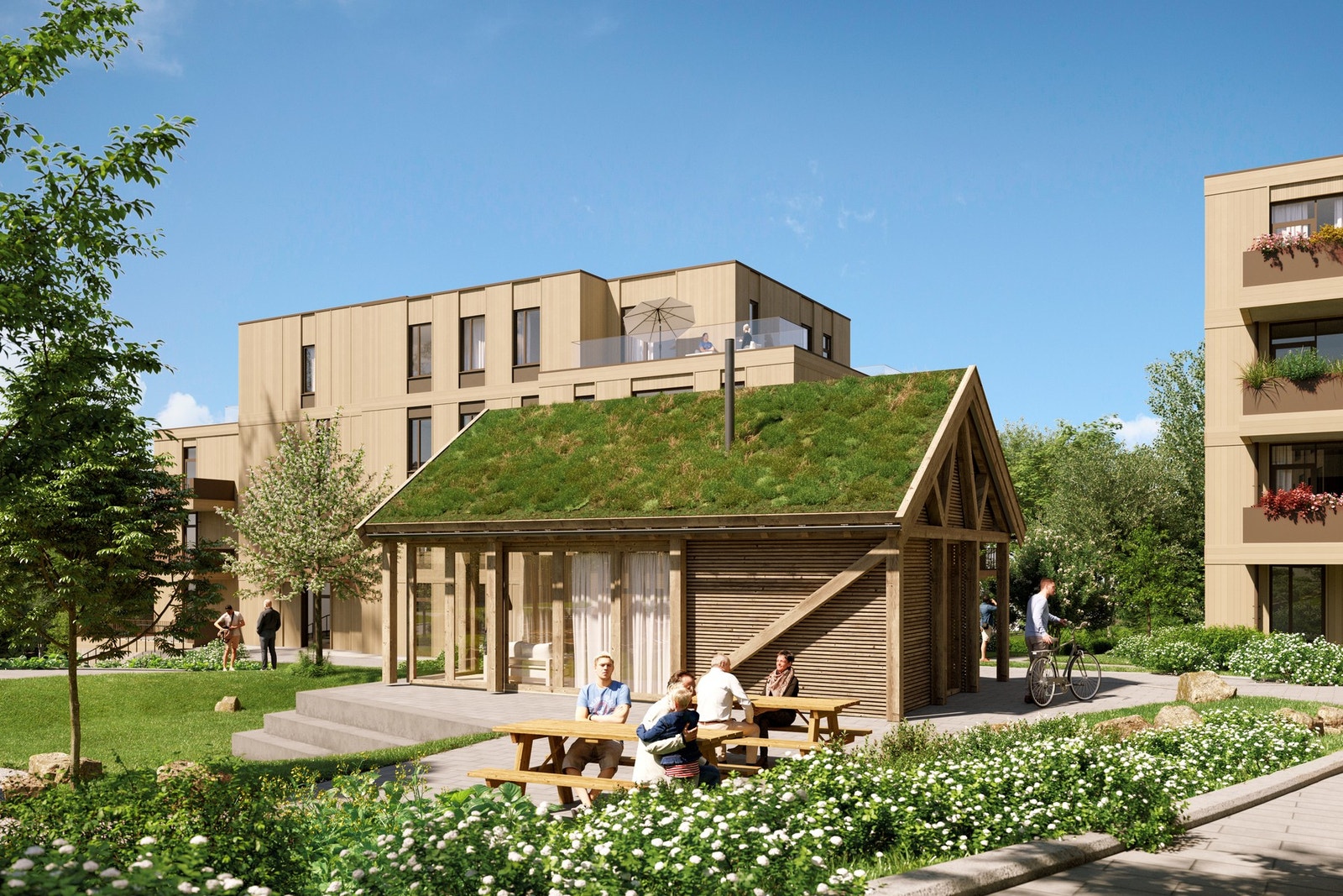 Beboerne får også tilgang til et felles hus/gjestehybel. Illustrasjon fra stuen. Det gjøres oppmerksom på at illustrasjoner kun ment for å danne et inntrykk og vil avvike fra endelig leveranse. Galleribilde