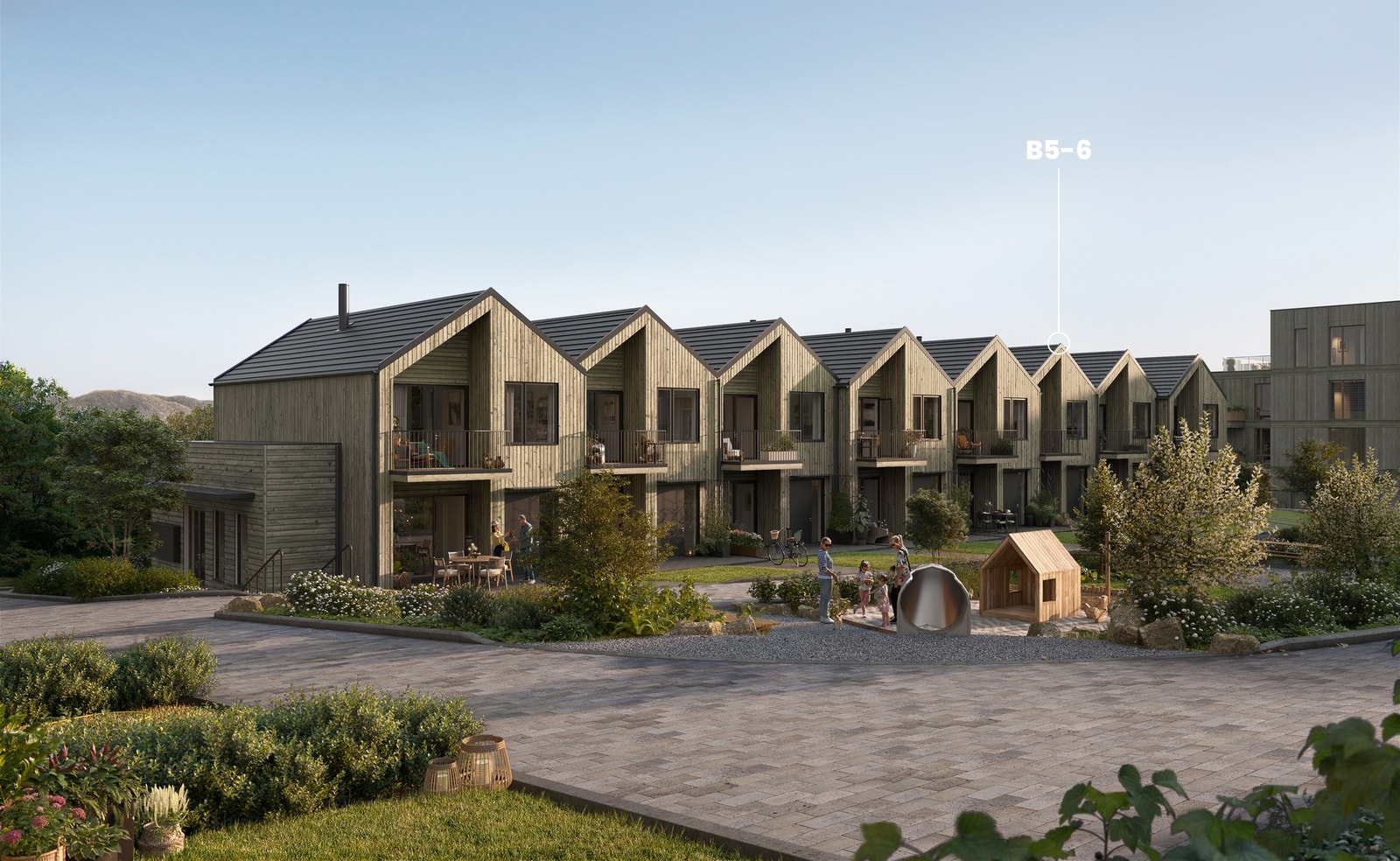 Boligen vil få uteplasser med gode solforhold - gled deg! Det gjøres oppmerksom på at illustrasjoner kun ment for å danne et inntrykk og vil avvike fra endelig leveranse. Galleribilde