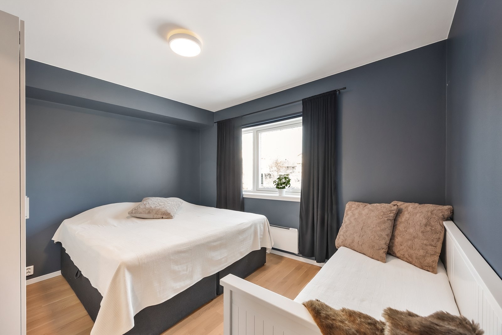 Romslig hovedsoverom malt i en beroligende mørkeblå nyanse. Galleribilde