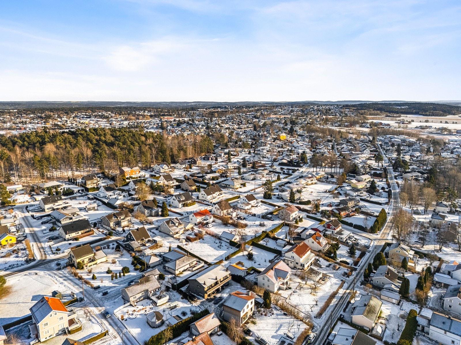 Utsikt over et etablert boligområde med eneboliger og nærhet til skog. Galleribilde