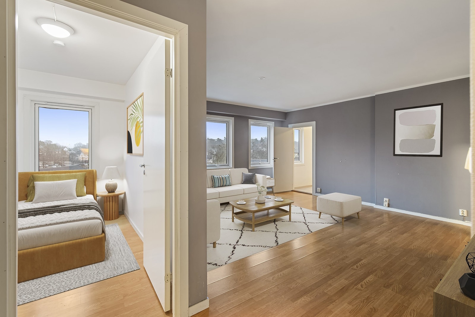 Leiligheten har en romslig og fin planløsning med 2 soverom Galleribilde