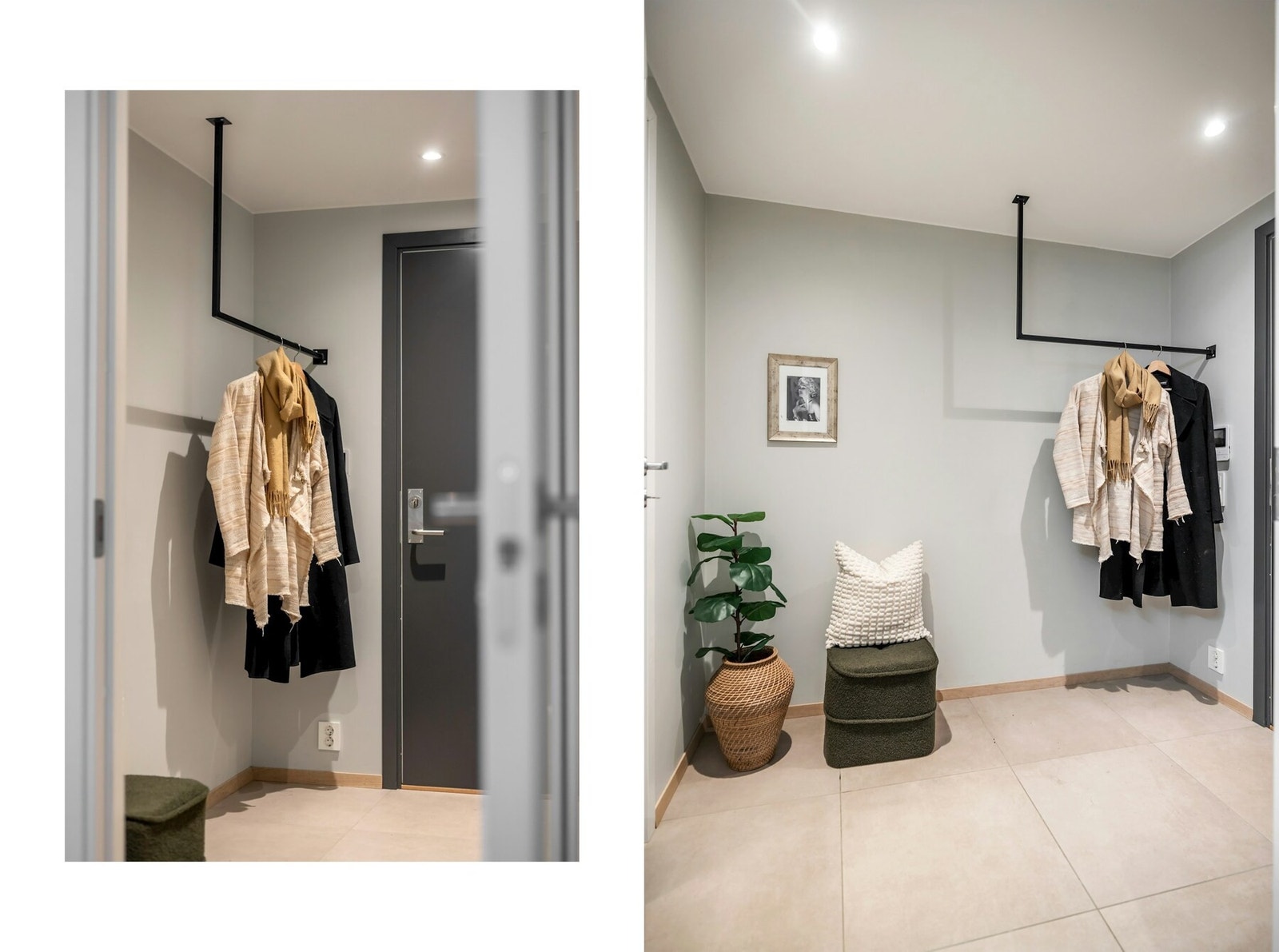 Entreen er utstyrt med dørcalling med video og smarthussentral fra Eaton xComfort - Her er det enkelt klesoppheng og plass til garderobeskap Galleribilde