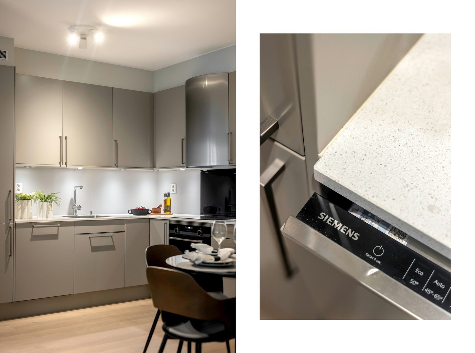 Integrerte hvitevarer er fra Siemens og består av komfyr, induksjonstopp, oppvaskmaskin og kjøl/frys Galleribilde